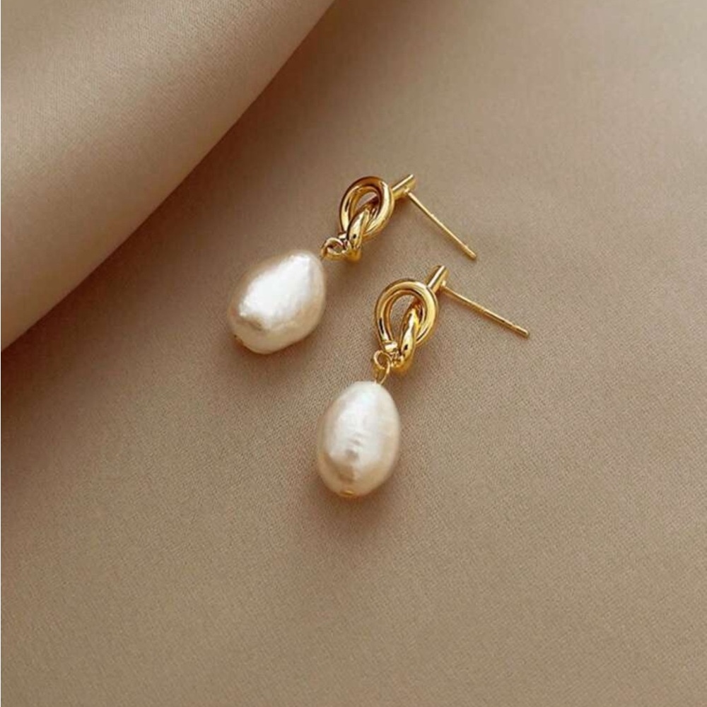 Gold and White Pearl Drop Earrings - Picture 3 of 5